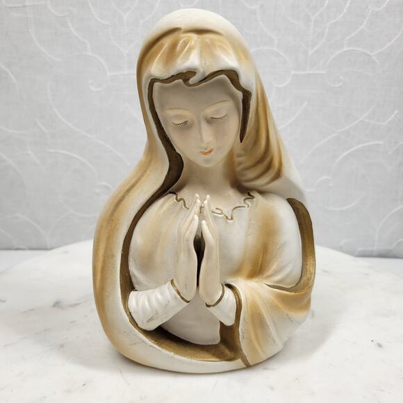 Vintage Praying Lady Head Planter, 7.5" Brown & White Ceramic Mother Virgin Vase - Picture 1 of 16